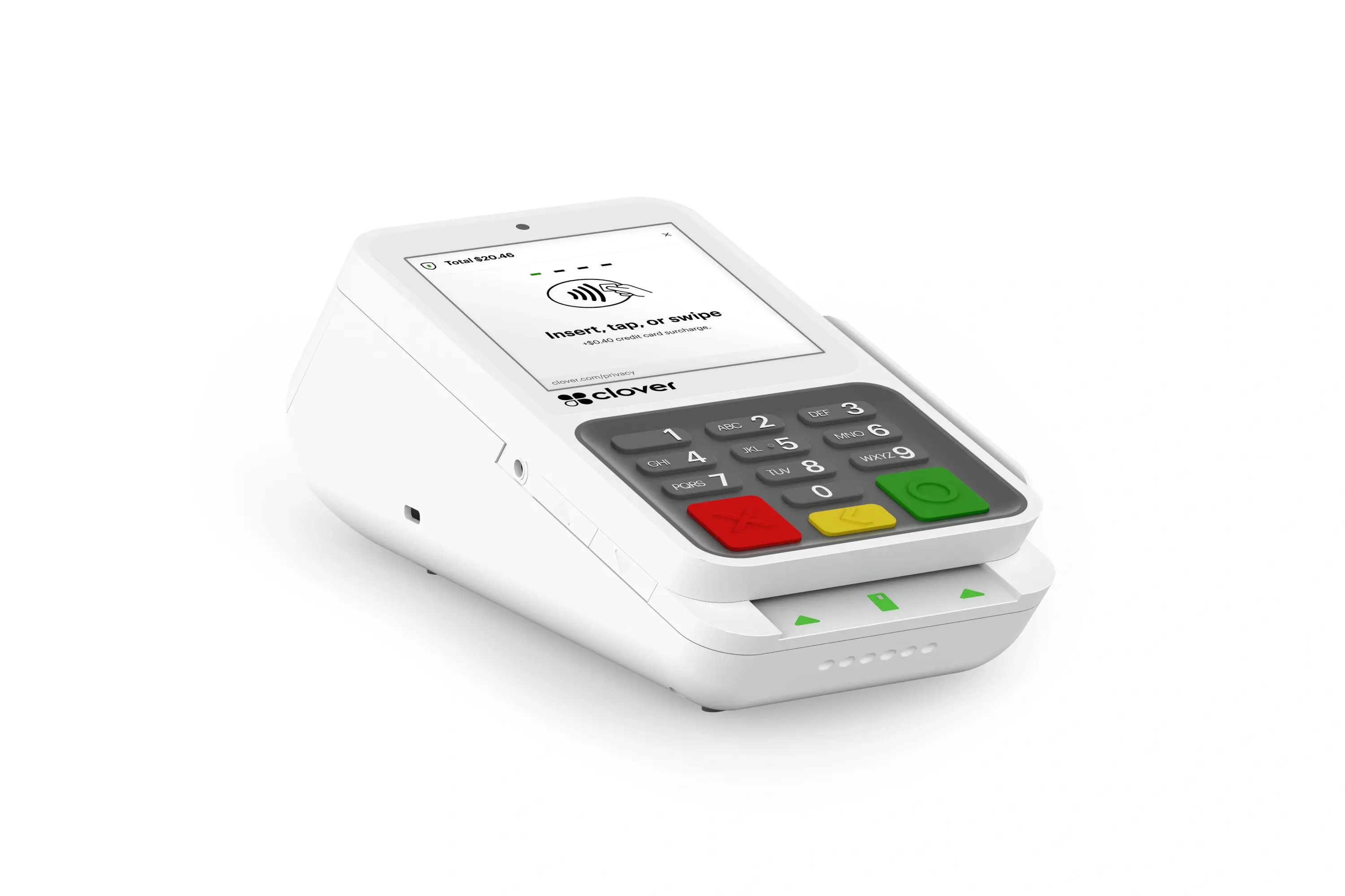 Clover compact device with a checkout screen that has the total amount of $20.46 in the top left corner and a contactless icon on the top of the screen with text below it that reads insert, tap, or swipe and +$0.40 credit card surcharge.