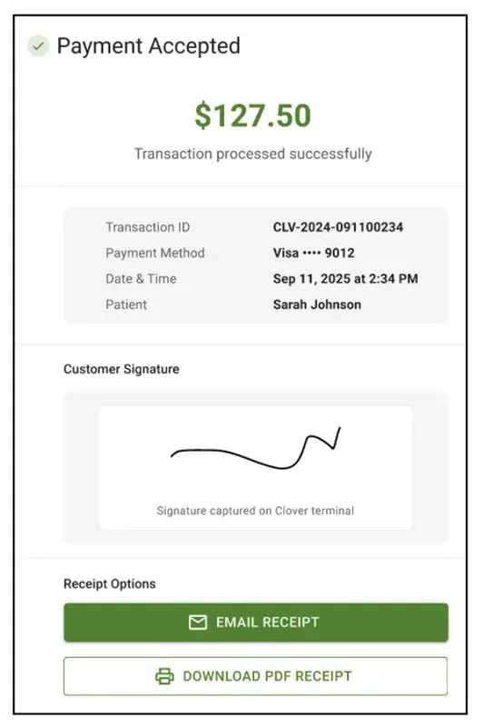 Clover practice pay Payment accepted page.