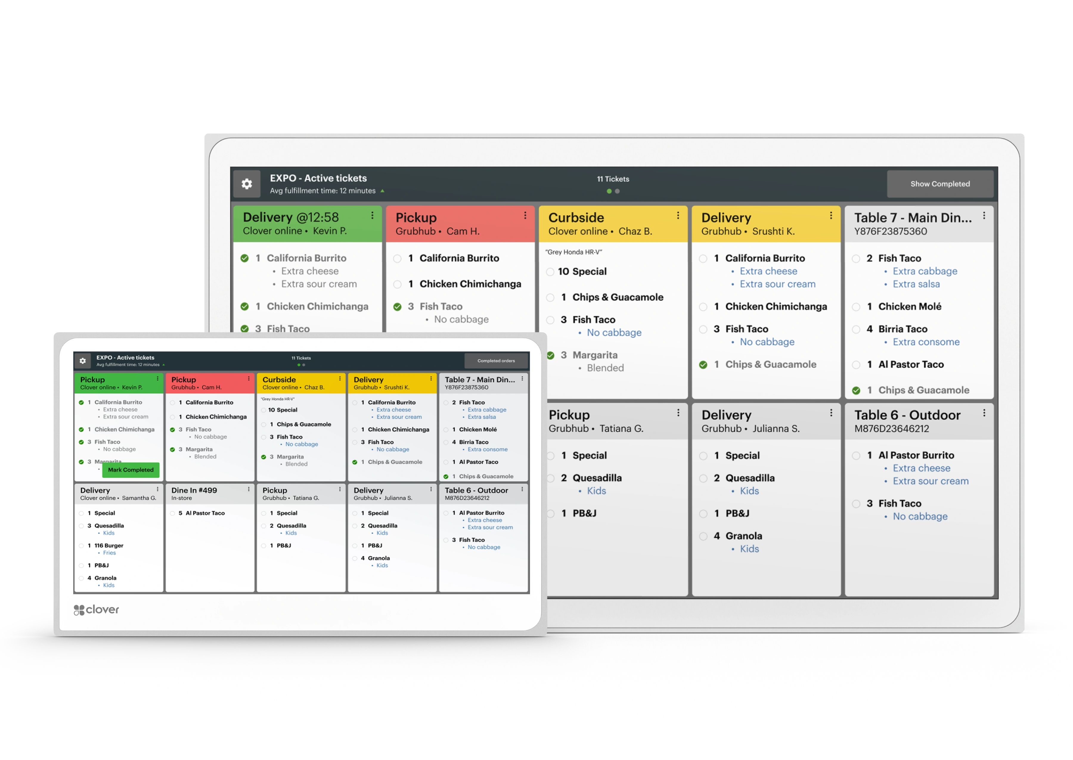 Clover Kitchen Display System (KDS) with food orders displayed for pickup, curbside, delivery, and dine-in