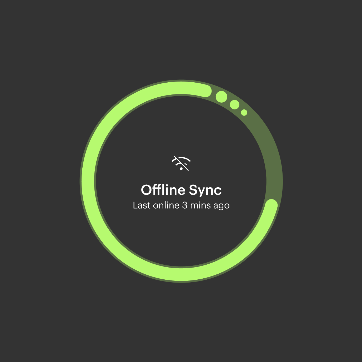 Offline sync screen with dark gray background, neon green progress ring, Wi-Fi icon with slash, and “Last online 3 mins ago.”