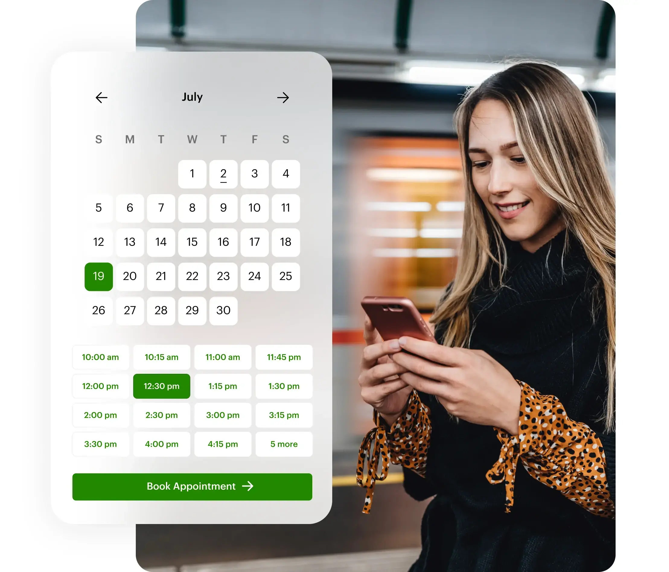 Woman on train platform booking an appointment on her phone. A graphic is placed next to the woman showing dates and times.