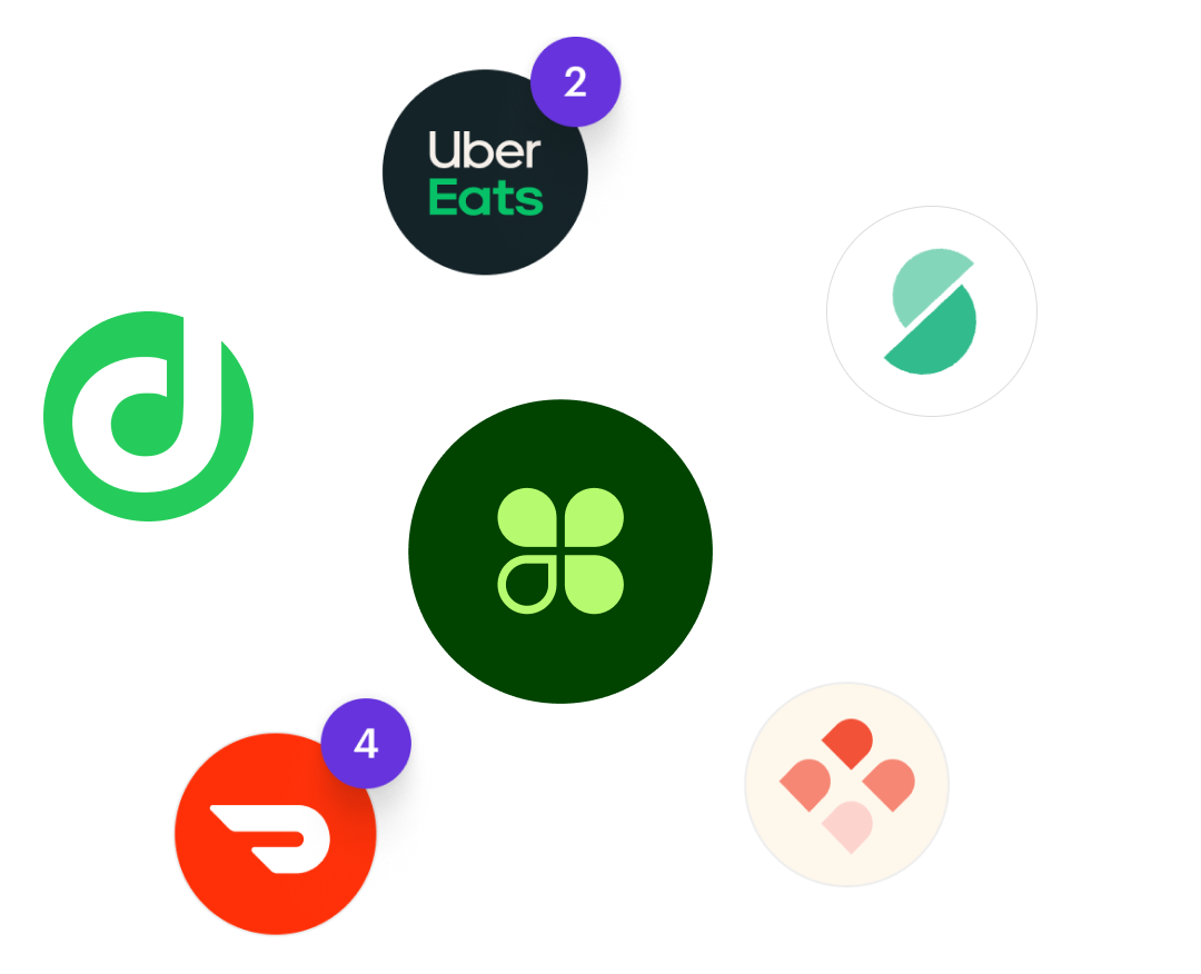 Food delivery service icons: Uber Eats, Google Restaurants, DoorDash, etc.