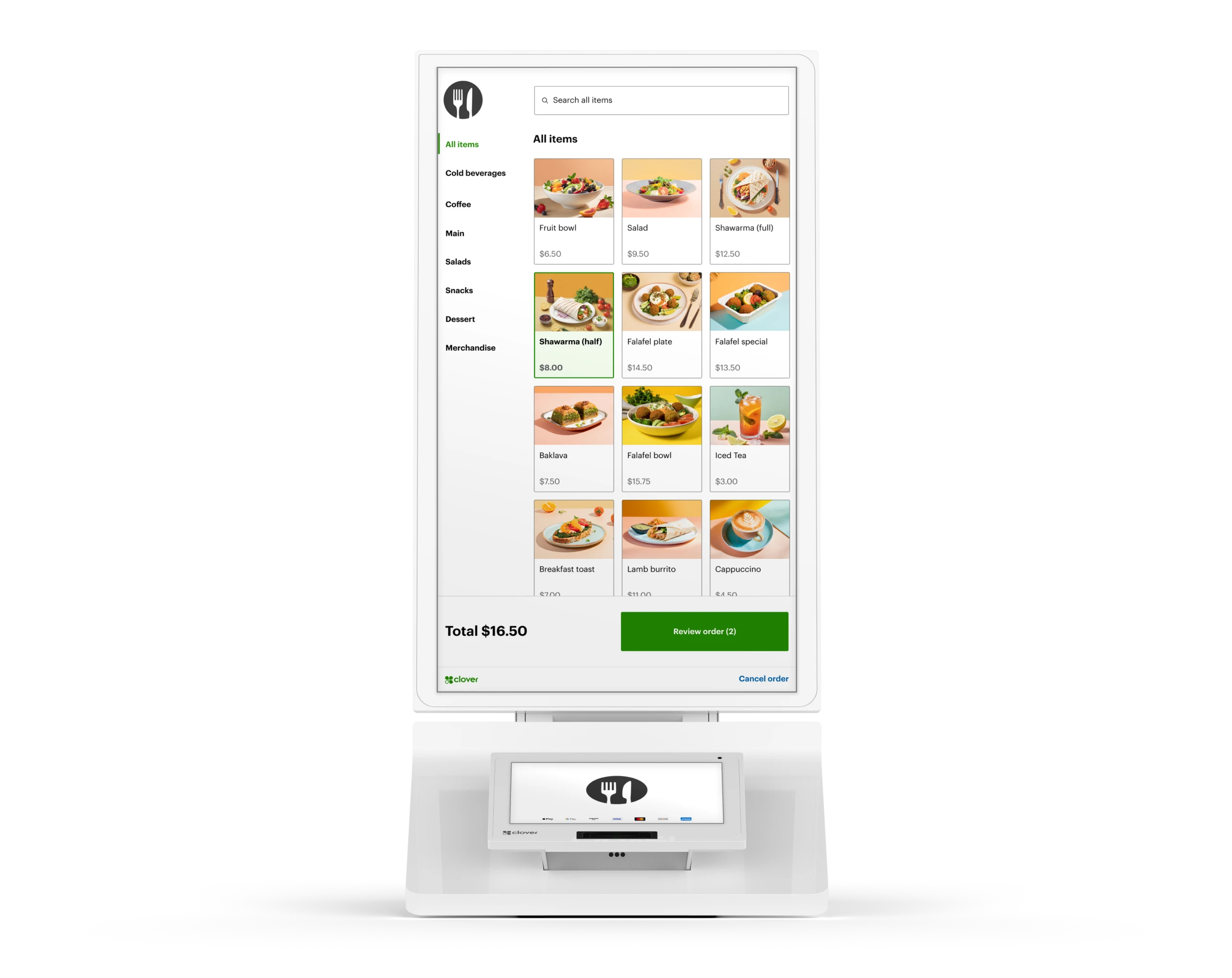 Kiosk ordering screen with menu item pictures, descriptions, and prices displayed.