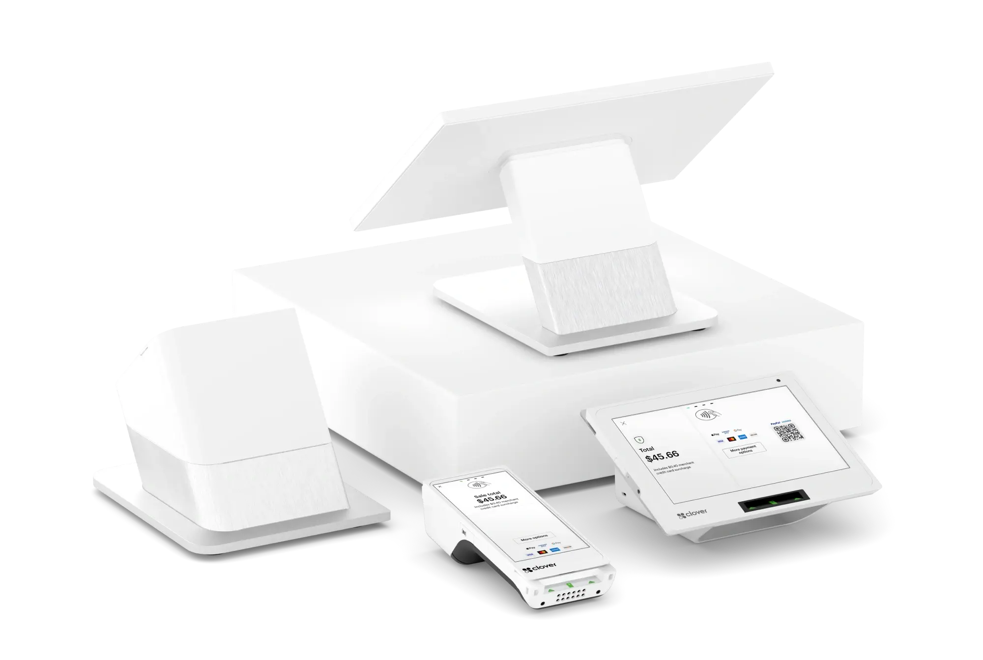 Clover station duo and a Flex on a flat surface with customer-facing checkout screens presented on the clover mini and the Flex.