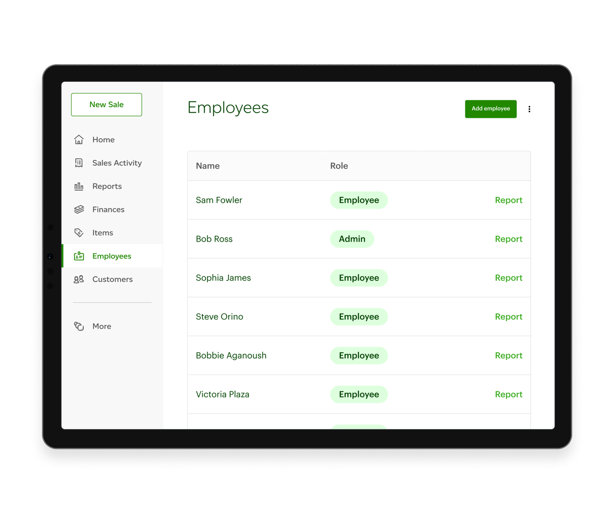 Clover dashboard on a tablet showing a list of employee names