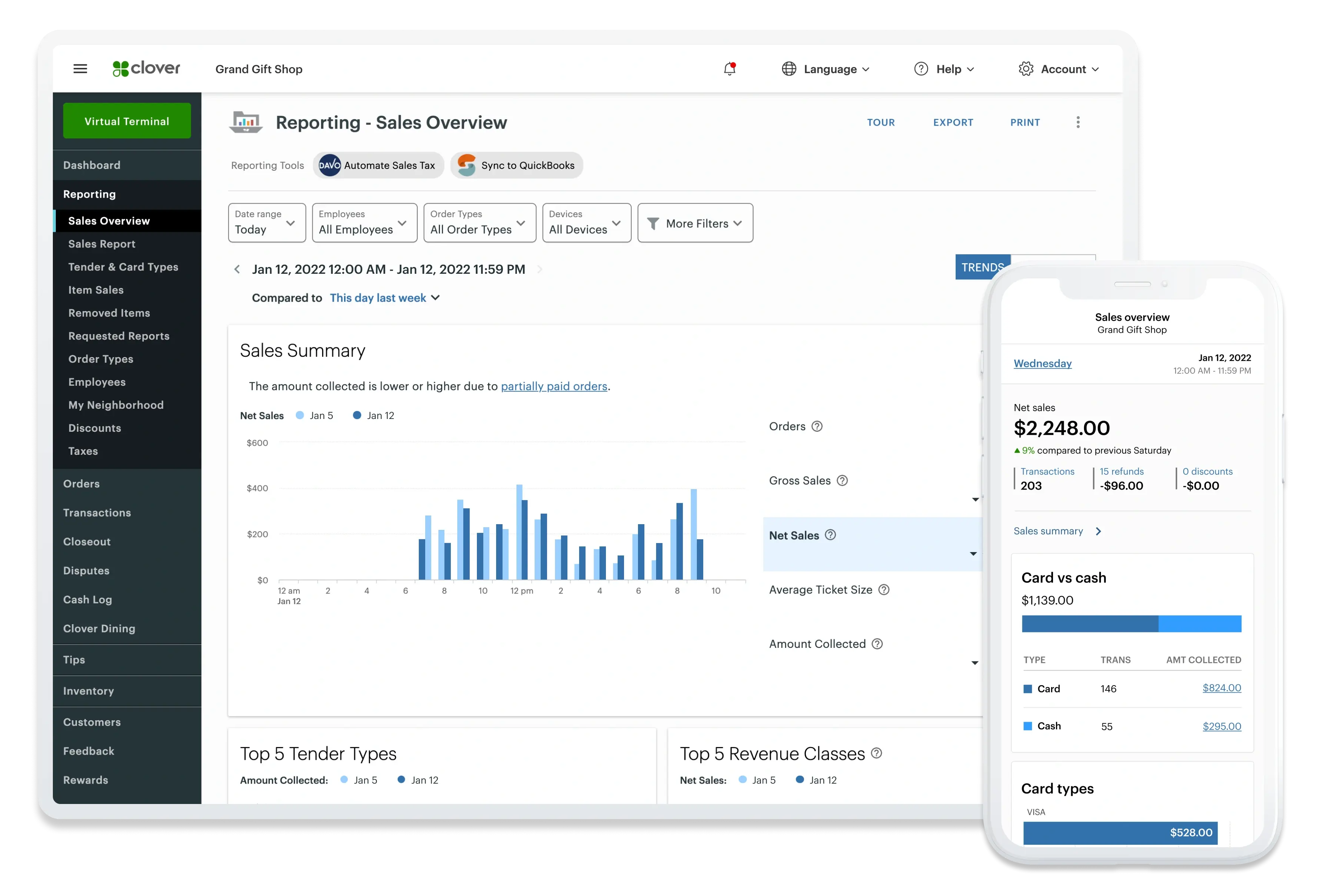 A tablet and a mobile view of a daily sales report on a merchant dashboard.