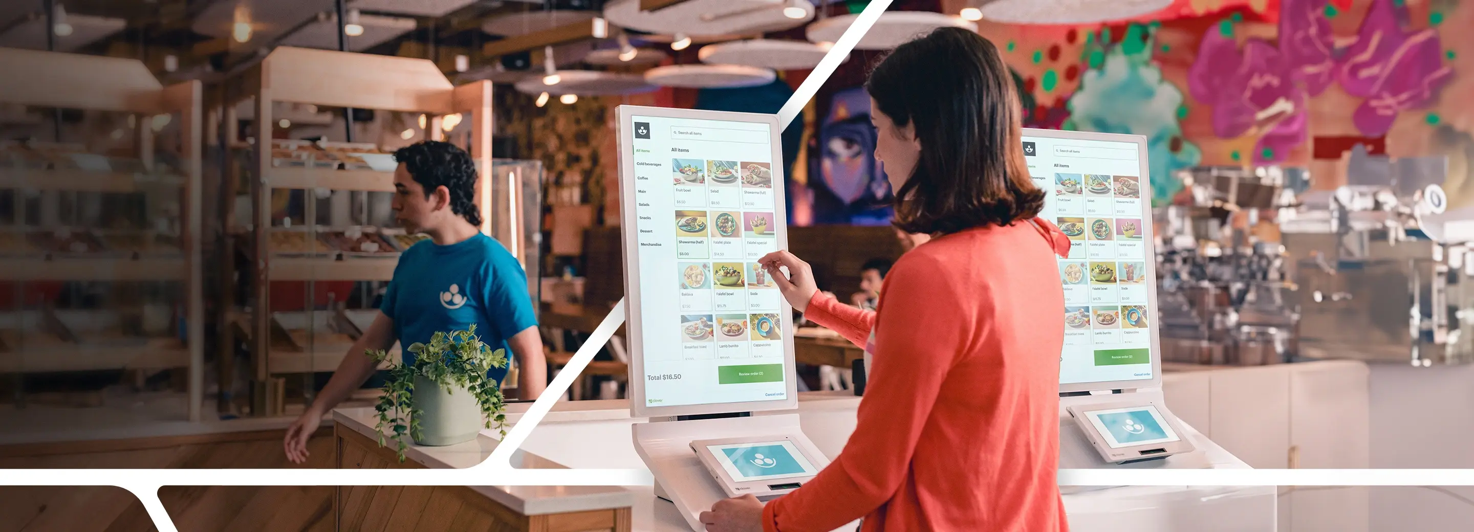 Woman in restaurant browsing menu items on a touch-screen kiosk.