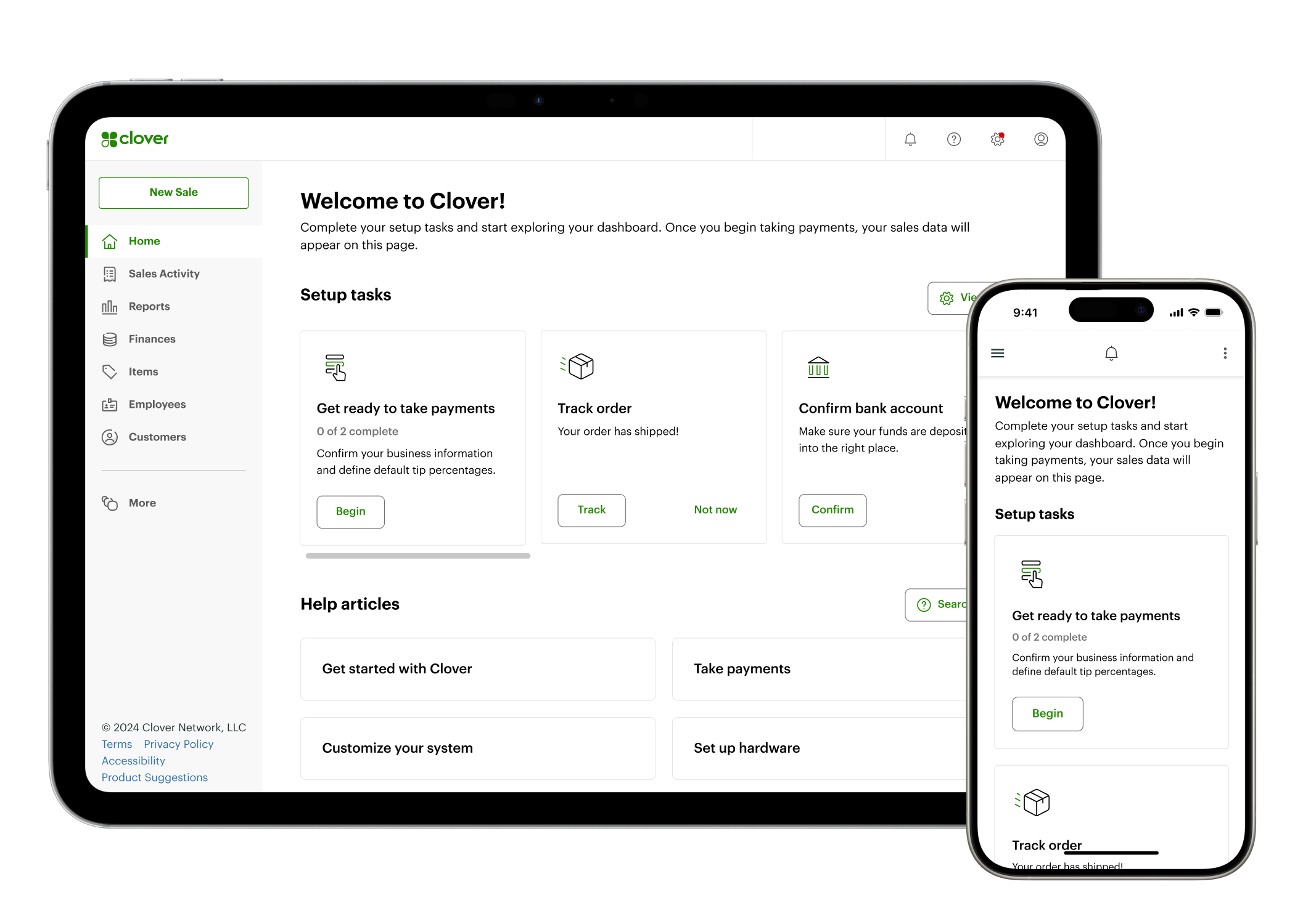 View of the Clover dashboard on a tablet and a mobile device.