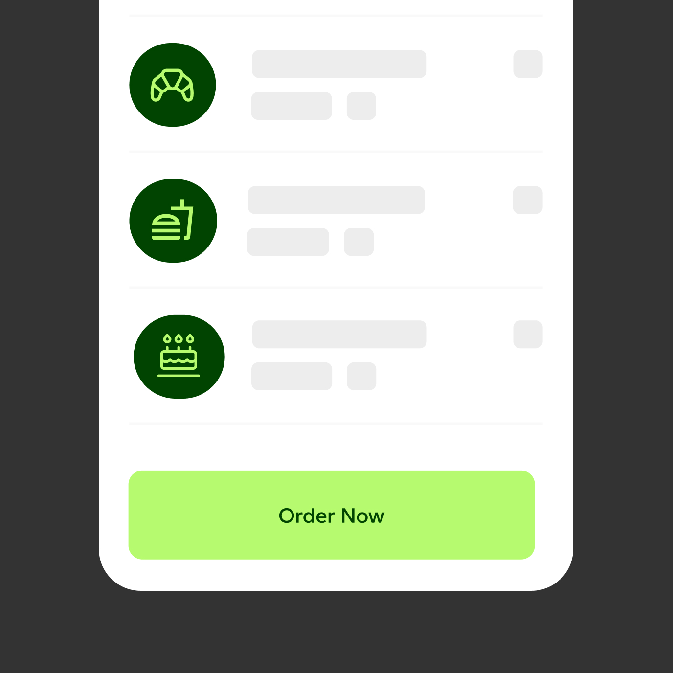 UI mockup with blurred order, bright green icons of a croissant, burger, drink, cake, and a lime green “Order Now” button.