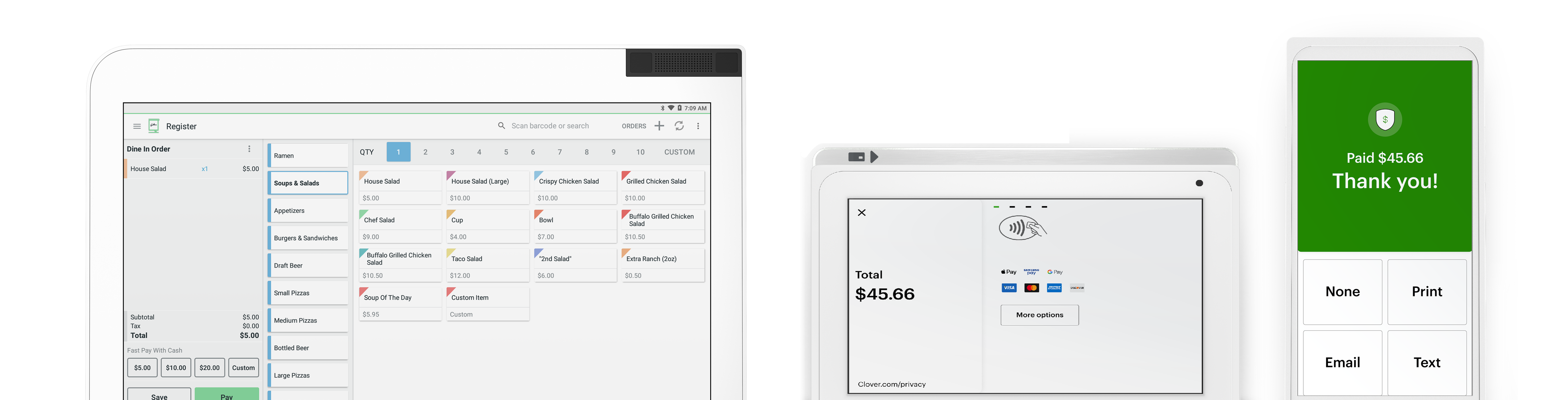 Clover Station Duo, Mini and Flex devices displaying the order and sale details on screen