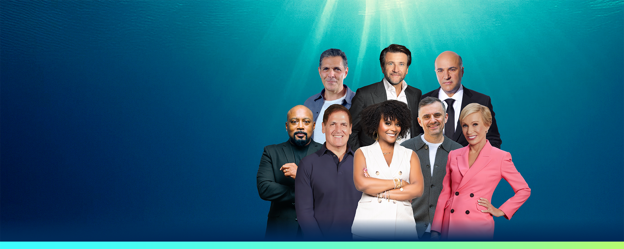 Group shot of Clover x Shark Tank event speakers including Tabitha Brown, Barbara Corcoran, Mark Cuban, Robert Herjavec, Daymond John, Daniel Lubetzky, Kevin O'Leary, and Gary Vaynerchuk. 