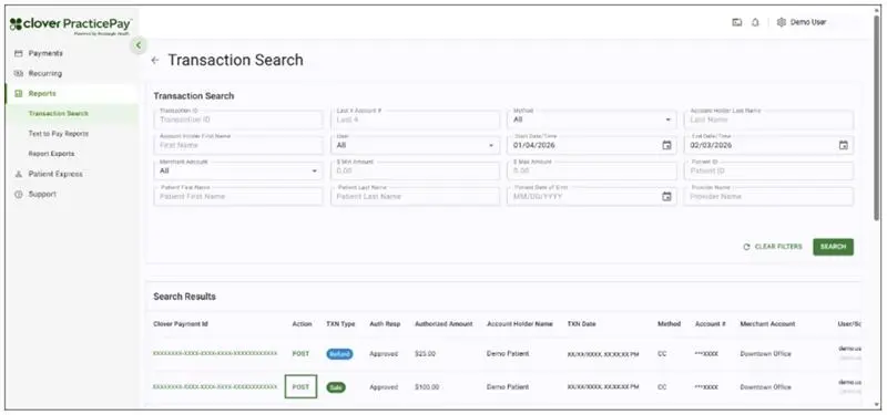 Clover practice pay transaction search and search result page.