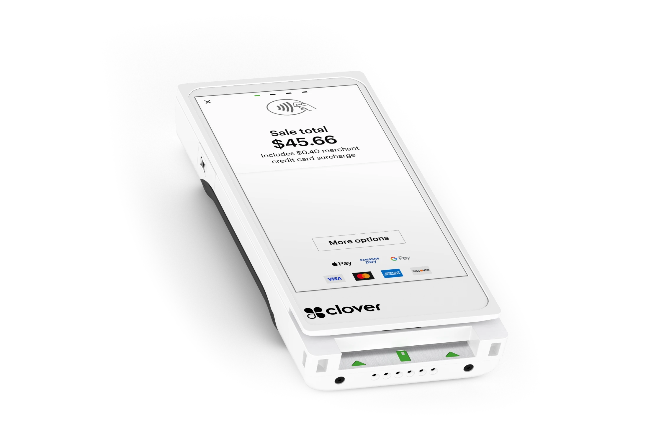 Flex device placed at a right angle with a tap-to-pay checkout screen for the amount of $45.66.