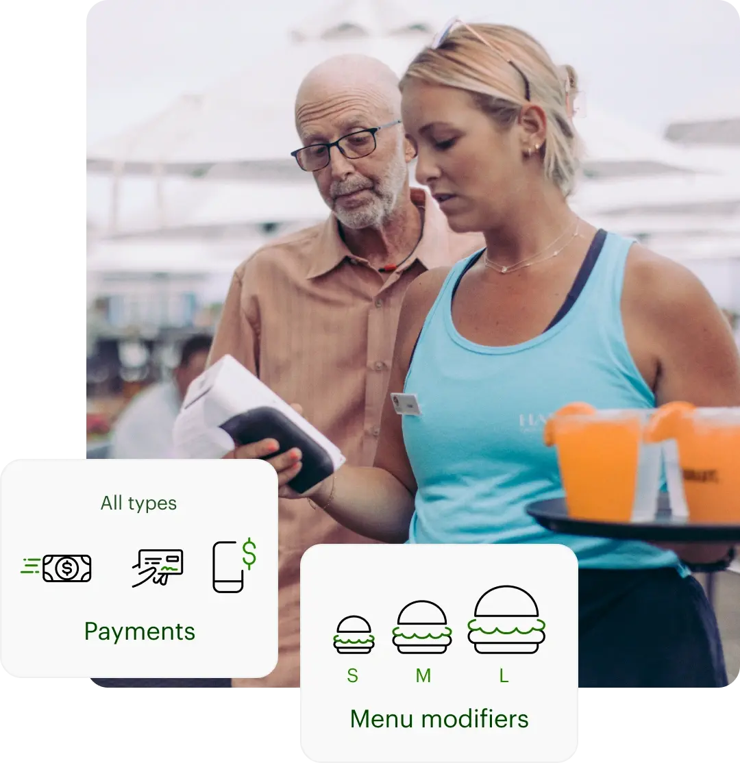 Server with drinks and a Flex talking to a customer. Illustration of menu modifiers and payment types are placed over server.