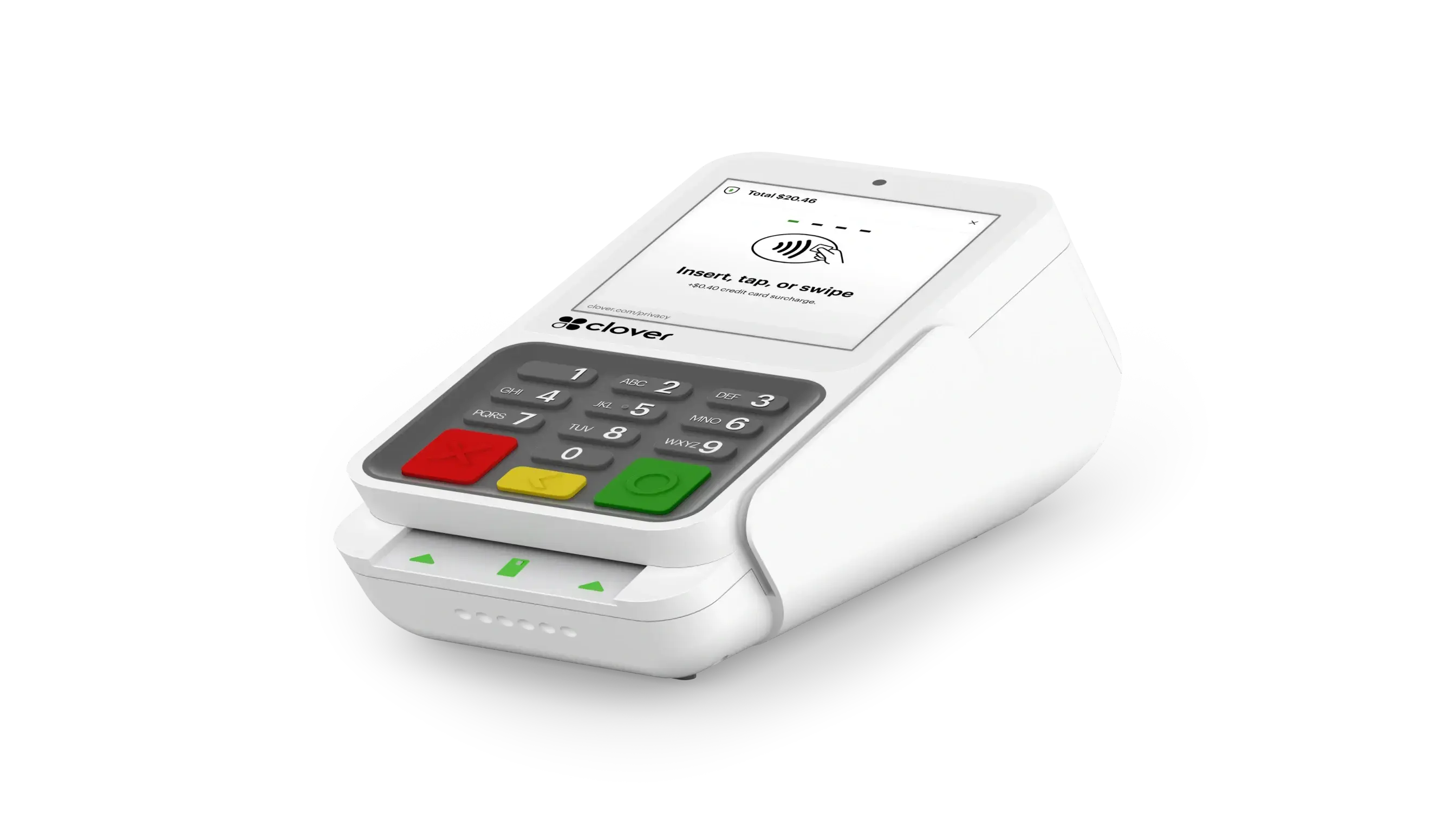 Compact device with a tap-to-pay checkout screen in the amount of $24.16 and a +$0.40 surcharge notice.