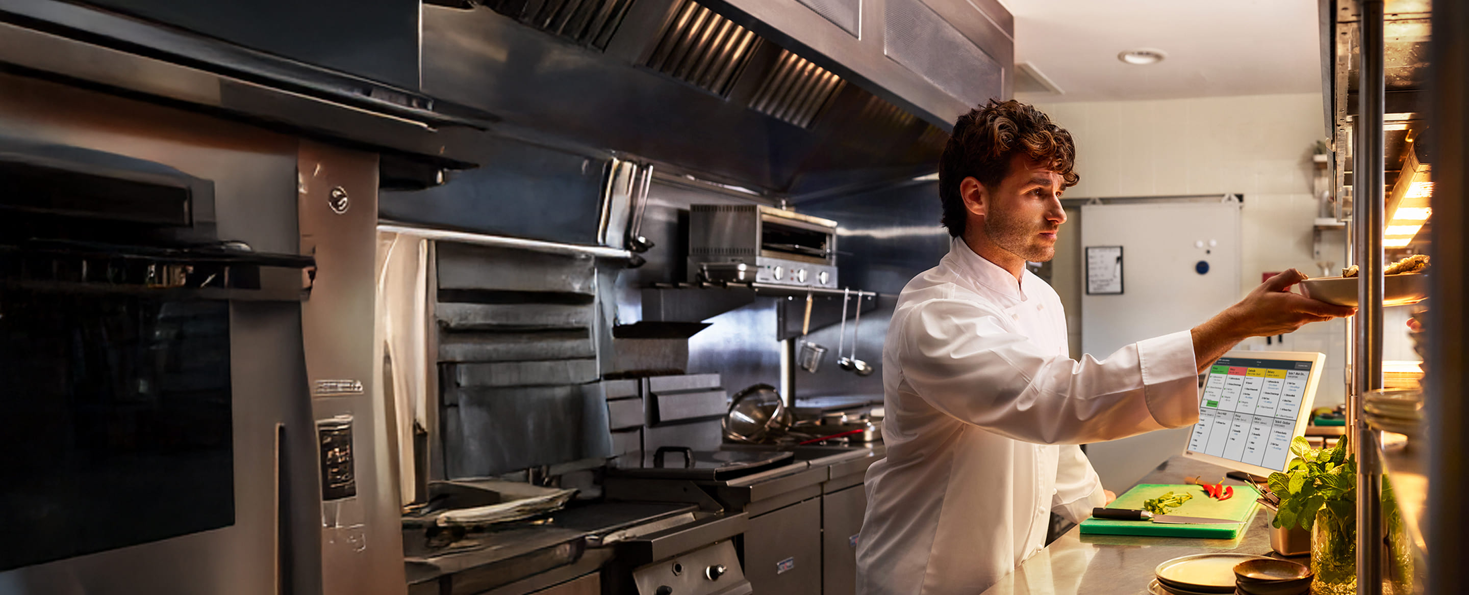 Chef places plated dish on service shelf; cutting board and kitchen display system visible in background.