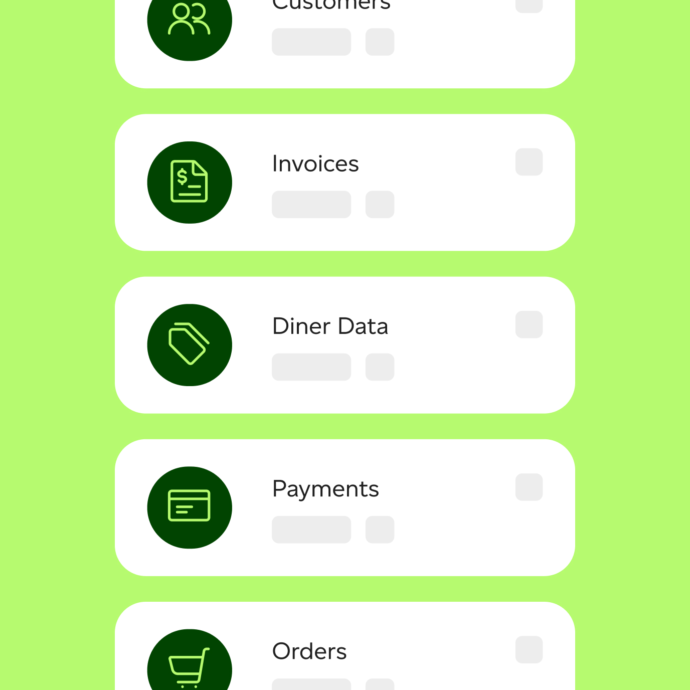 Image showing table details such as customers, orders, payments, diner data and invoices.