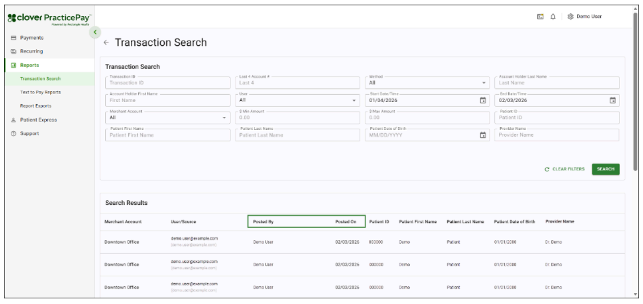 Clover practice pay transaction search and search result page.