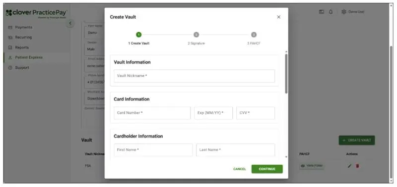 Image showing the process of Creating a Vault. Information regarding Vault, Card and Cardholder needs to be filled on the page.