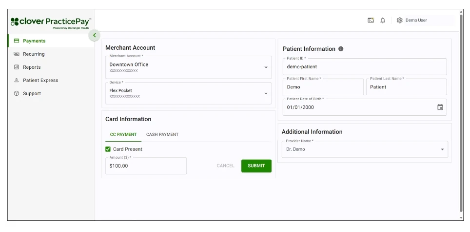 Clover practice pay payment information form.
