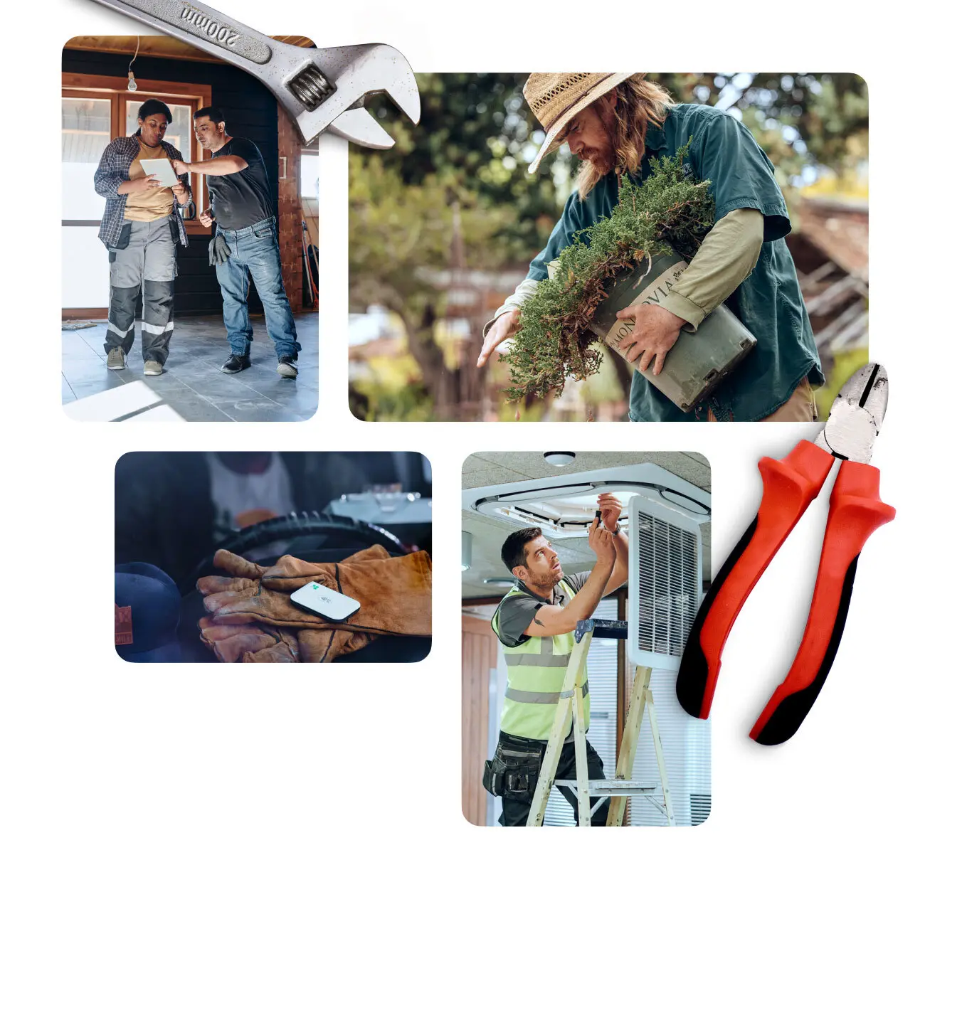 Collage of home and field service business including an HVAC technician, landscaper, construction worker, and a clover go device resting on a pair of work gloves.