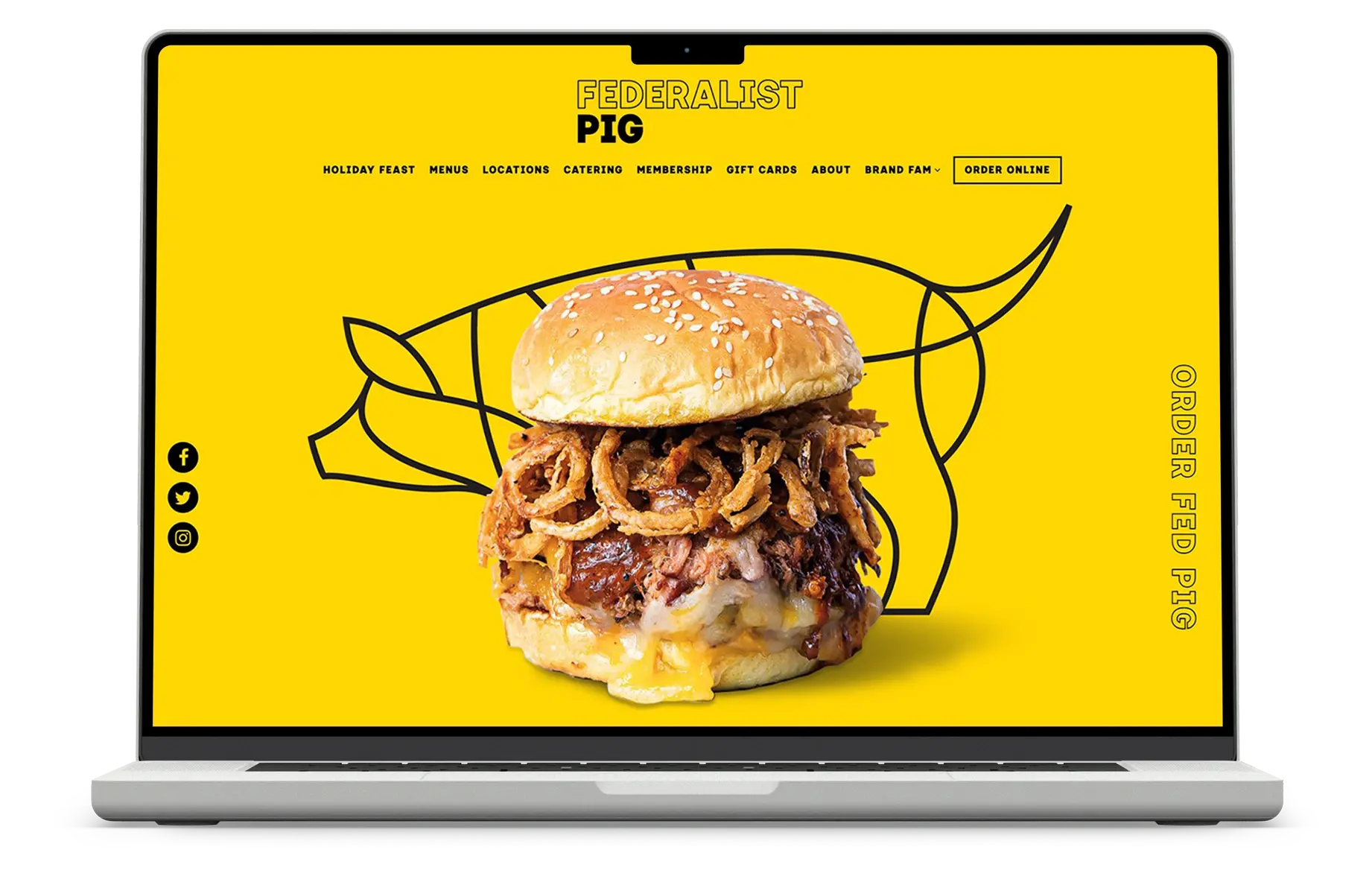 Laptop showing homepage for Federalist Pig. A pig illustration with an image of a burger placed in front of the pig is on the page.