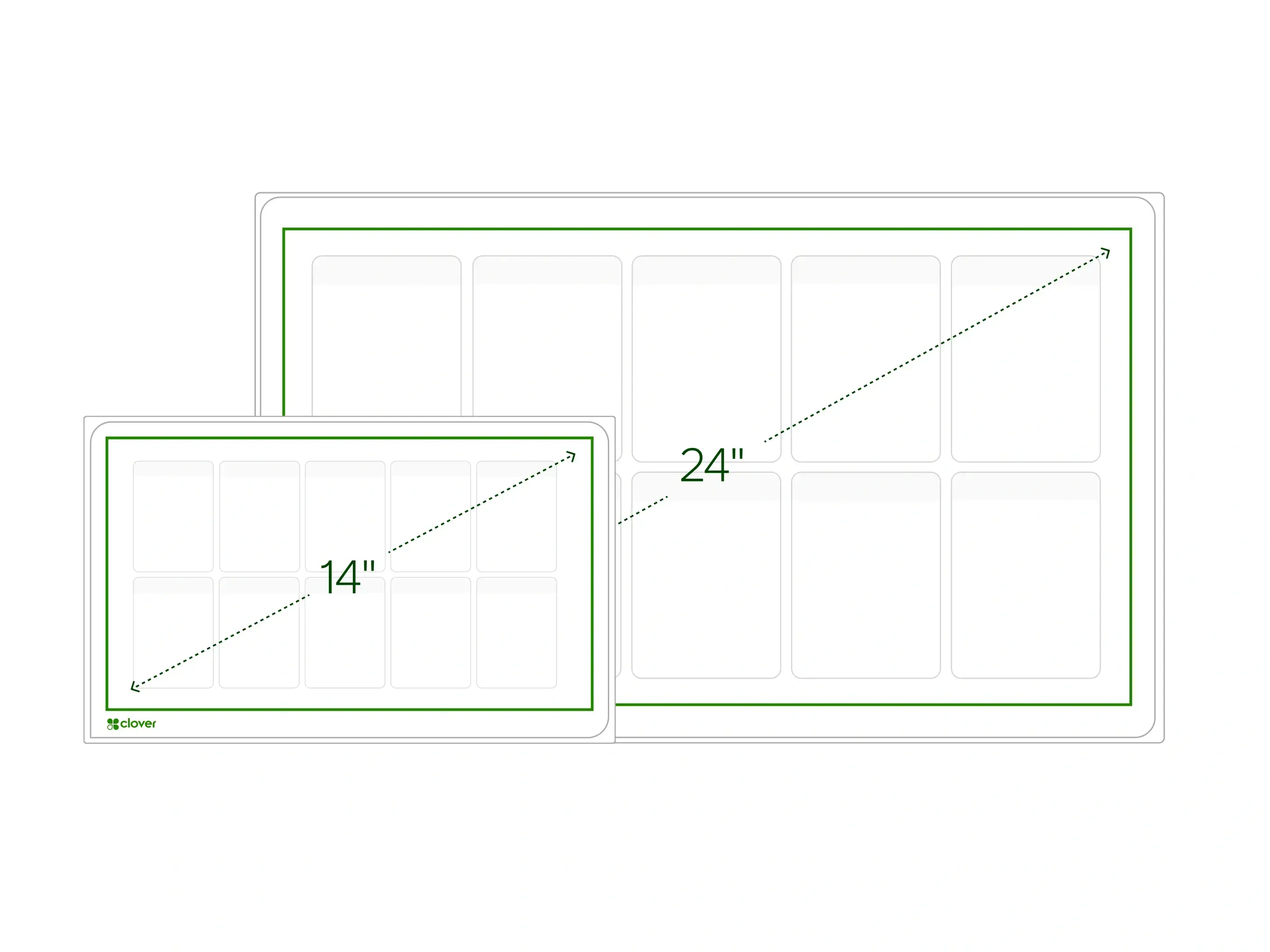 Two diagrams of kitchen display system screens displaying 14" and 24". The 14" diagram is placed in front of the 24" diagram.