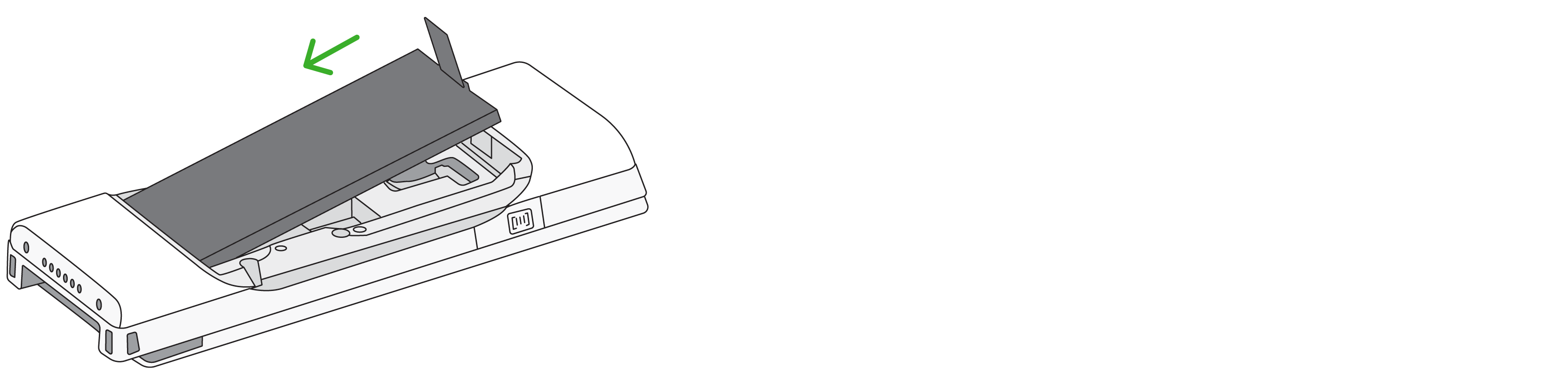 Image indicates sliding the bottom of the battery back into the device.
