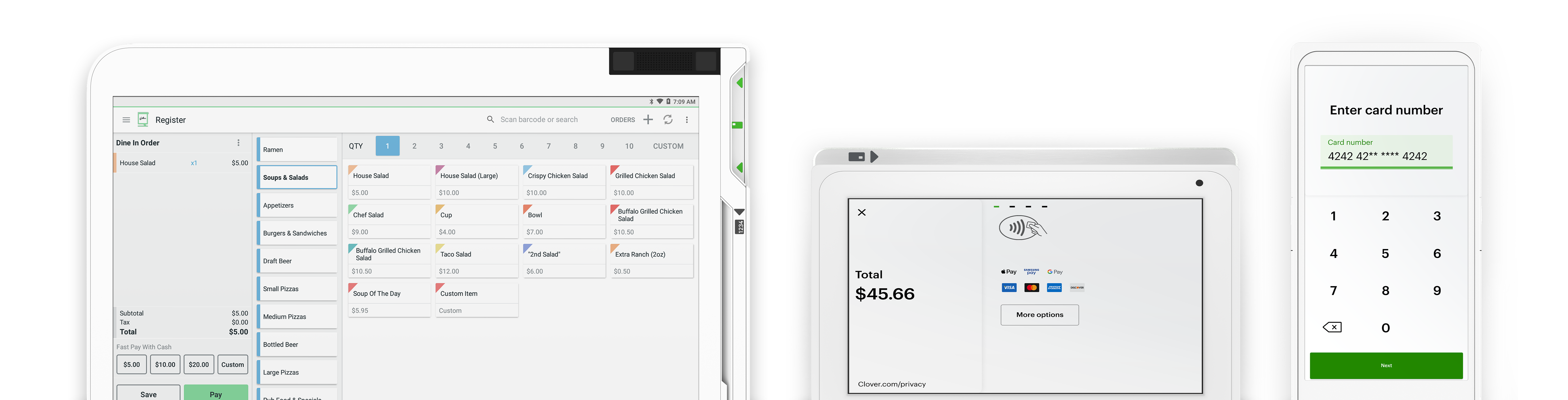 Solo, Mini and Flex devices displaying the order and sale details on screen