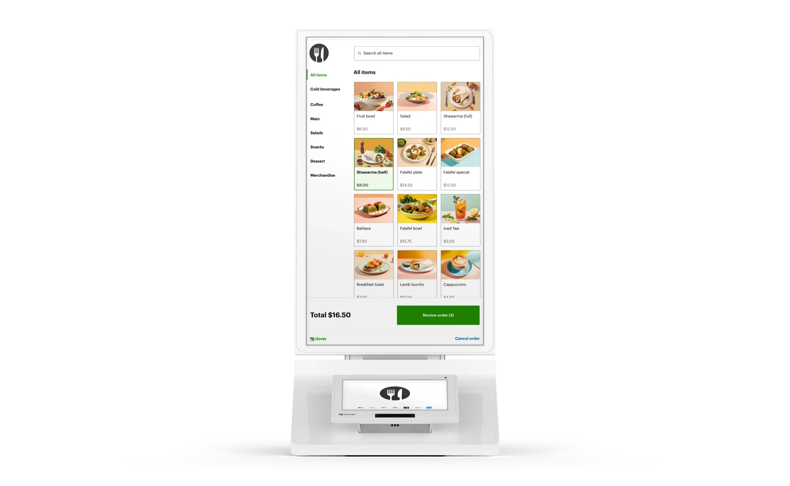 Clover Kiosk with menu items, prices, and images displayed on the screen.