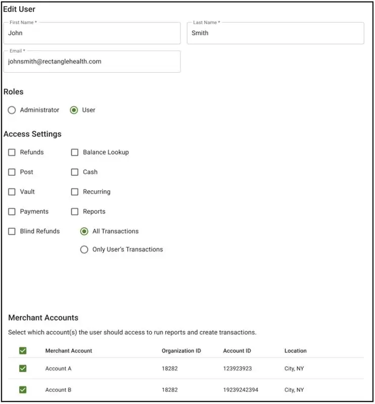 Edit user details form where user can edit their user info, roles, access settings and option to select merchant accounts.