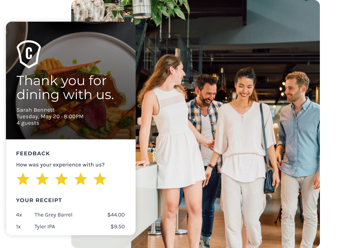 Digital dining receipt and feedback screen with 5 stars shown next to group of friends smiling as they leave a restaurant.