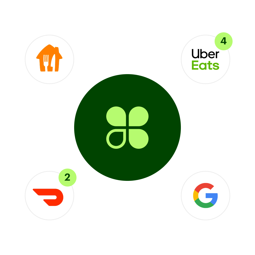 Food delivery service icons: Uber Eats, Google Restaurants, DoorDash, etc.