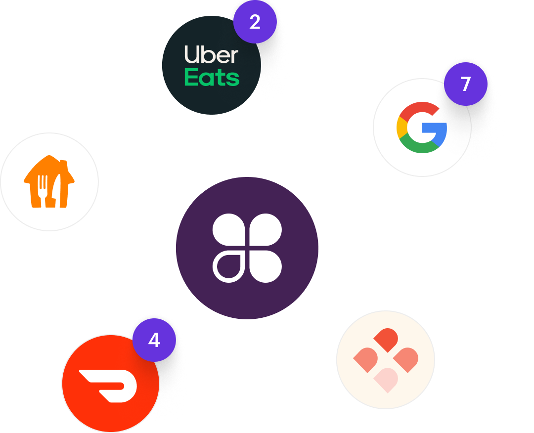 Food delivery service icons: Uber Eats, Google Restaurants, DoorDash, etc. 