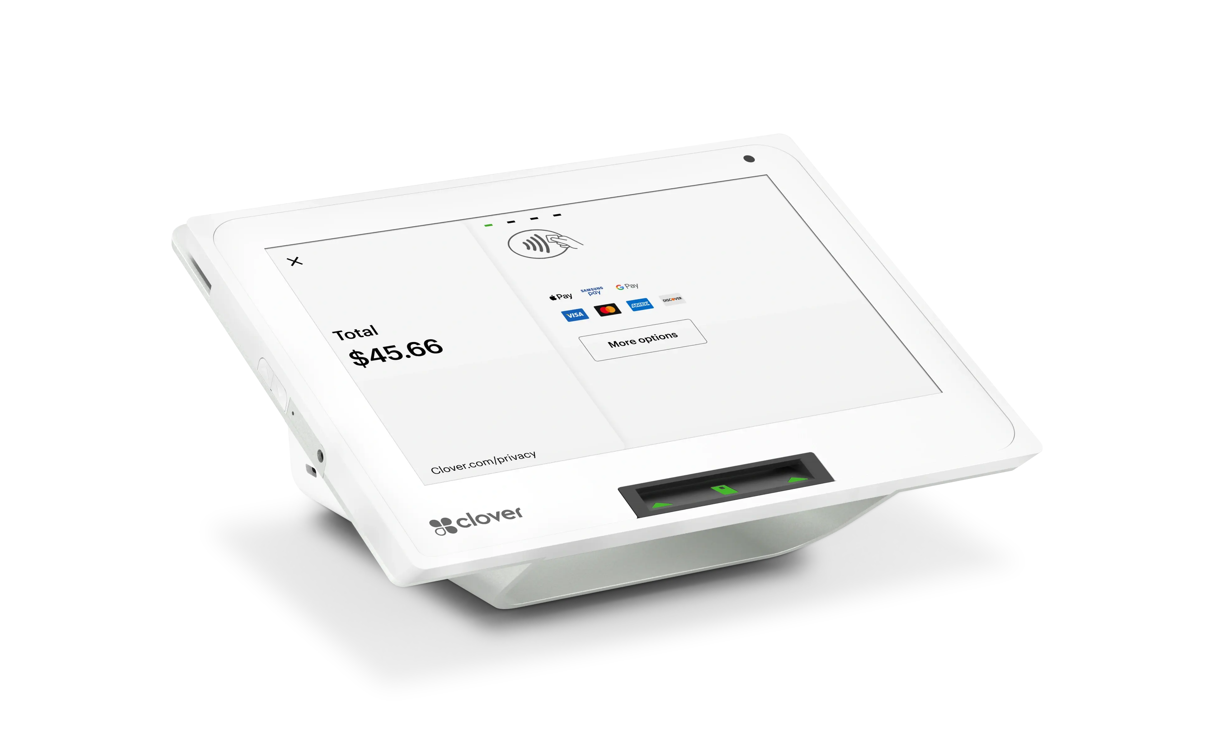 Clover Mini with a checkout screen that has a total price of sale for $45.66 on the left side of the screen. On the right side of the screen, there is a contactless icon with different credit card company logos that signify accepted forms of payment.