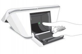 Image indicating green color power button located in the receipt compartment at the back of Mini device.