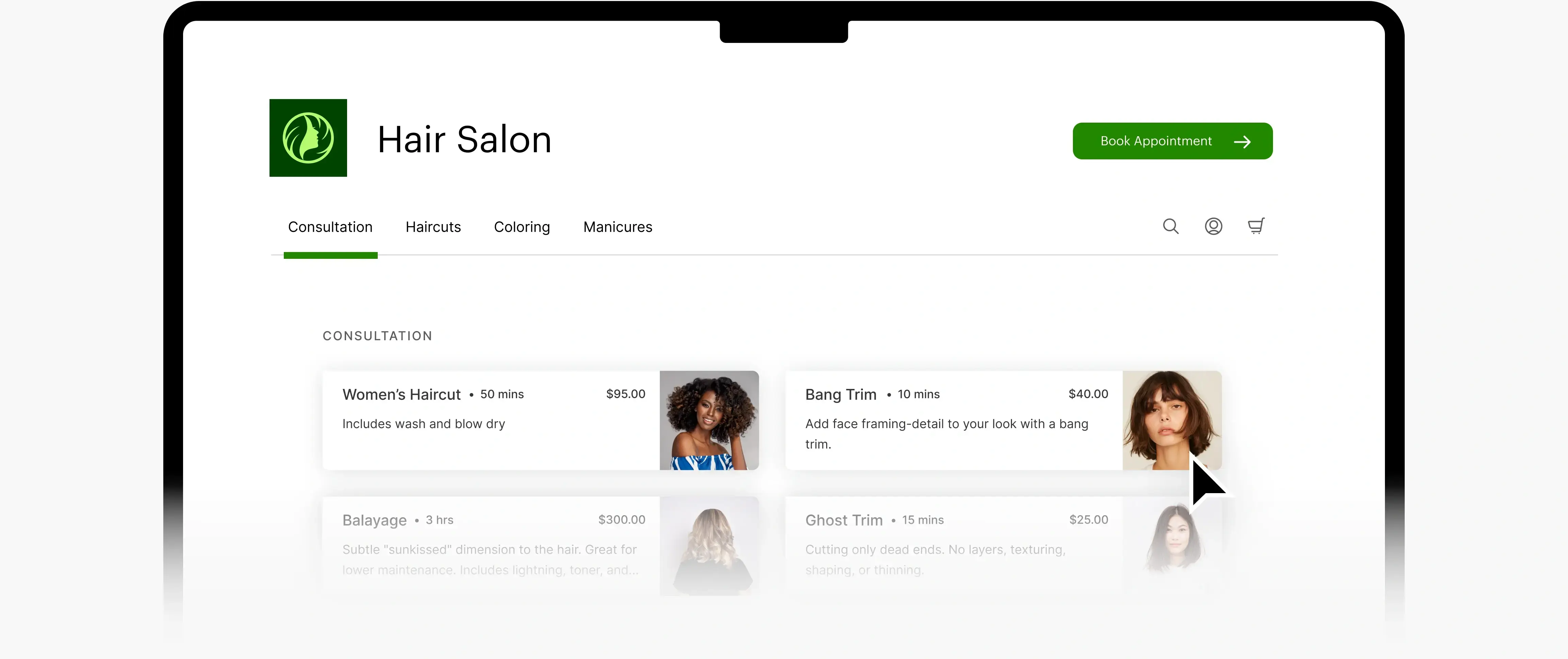 Laptop screen displaying a salon appointments page with options to book a consultation, haircut, coloring, and manicures.