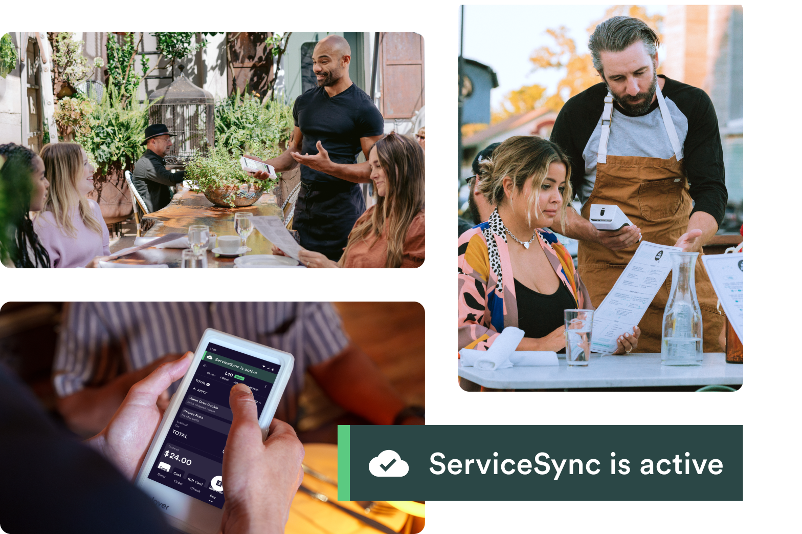 Servers using handheld POS devices with diners outdoors and indoors, with a banner stating “ServiceSync is active.