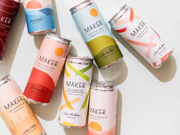Eight assorted cans on their side.