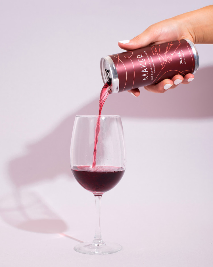 Maker 2018 Cabernet Sauvignon, pouring into a wine glass.
