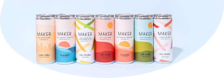 A line of Maker wine cans against a blue background.