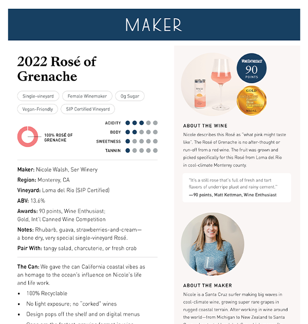 A thumbnail for an example tech sheet with information about the wine.