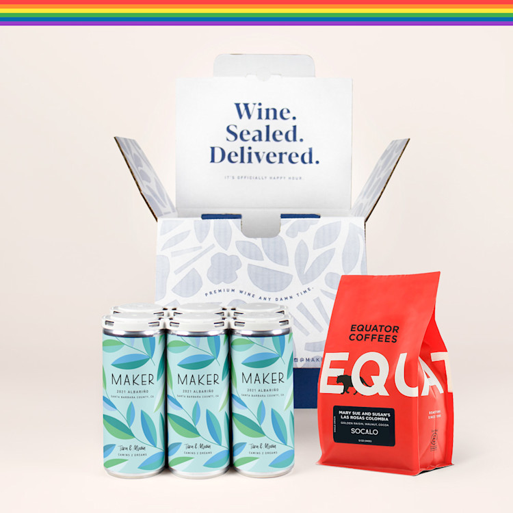 Equator coffee and Maker Albarino by Camins 2 Dreams, paired together for Pride Month.