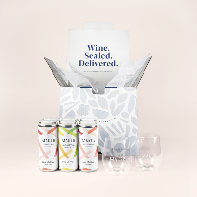 Six Maker Wine Sparkling Sauvignon Blanc and Sparkling Rosé cans and two Go Vino glasses in front of a box.
