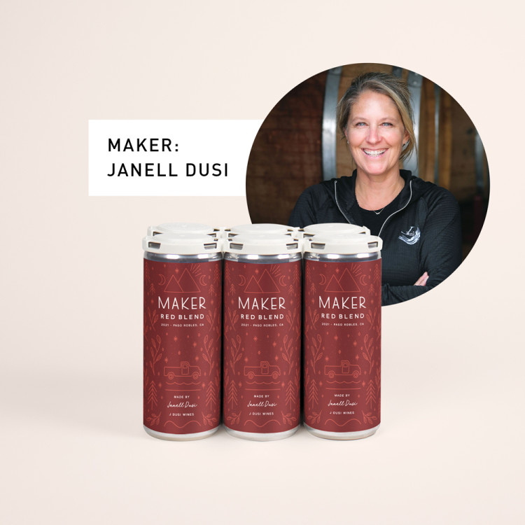 J Dusi Red Blend 2021 6-pack of wine with image of winemaker Janell Dusi