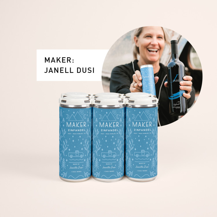 2023 J Dusi Zinfandel 6 pack of blue cans with image of winemaker