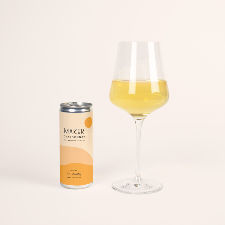 Maker single can and glass of the 2021 Handley Chardonnay