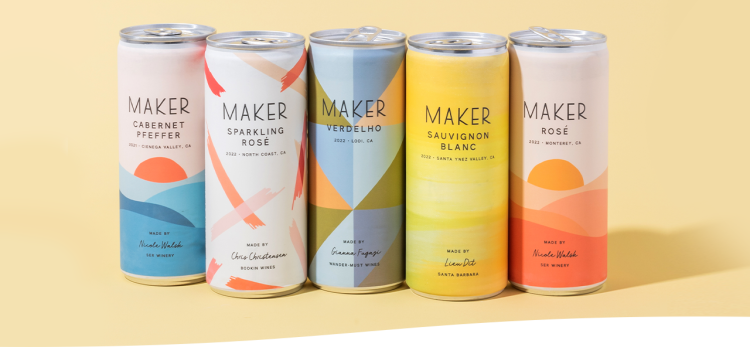 A line of five Maker Wine cans.