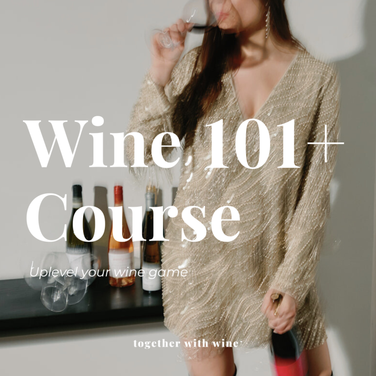 A woman drinking from a wine glass, with overlayed text that reads "Wine 101+ Course: Uplevel your wine game; together with wine".