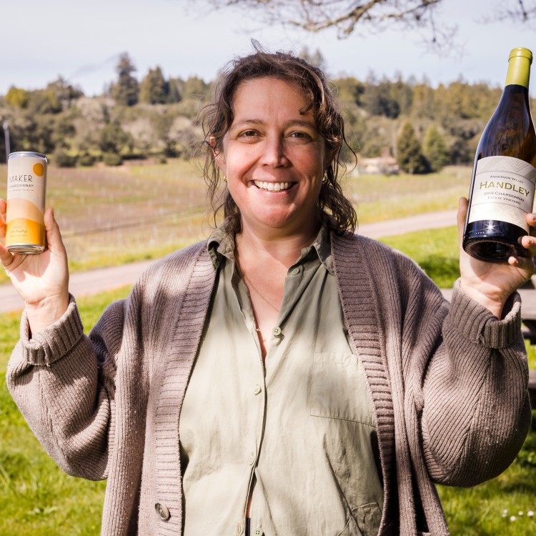 Handley Cellars Chardonnay Lulu with Can and Bottle in vineyard